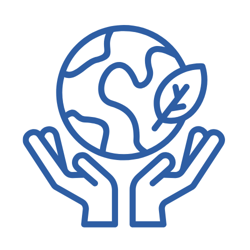 Blue outline of two hands holding the Earth with a leaf symbolizing environmental care.