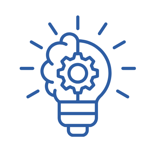 Blue outline of a light bulb combined with a brain and a gear inside, symbolizing innovation and creative thinking.