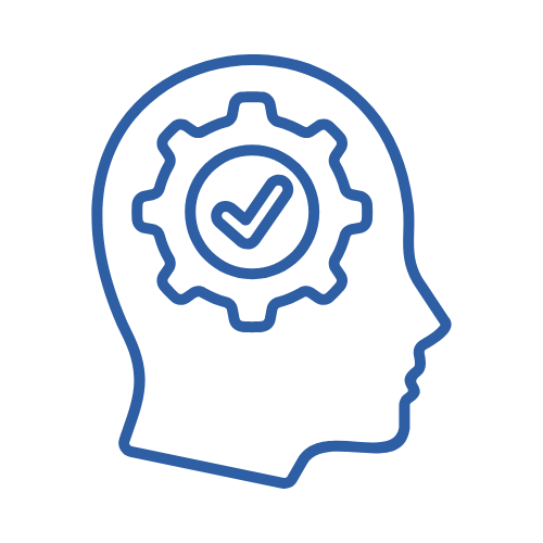 Outline of a human head with a gear and a checkmark inside it symbolizing mindset and mental processing.