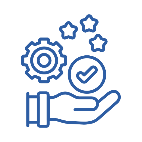 Hand holding a gear, checkmark, and three stars representing quality and responsibility.