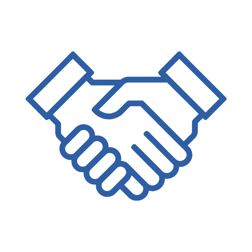 Blue line drawing of two hands shaking in a handshake gesture.