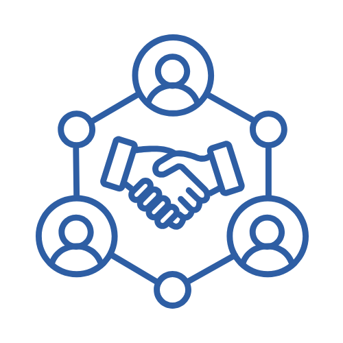Icon of three connected user avatars surrounding a handshake symbol, representing collaboration and partnership.